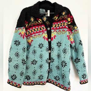 Motif hand knitted in Nepal cardigan size small 100% wool Aztec colorful